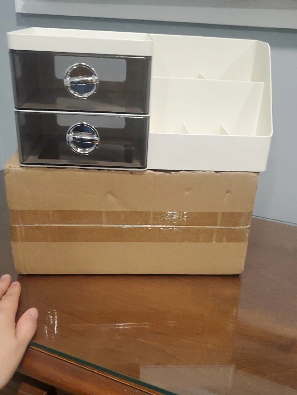 White Makeup Organizer with Smoke Drawers and Divided Compartments
